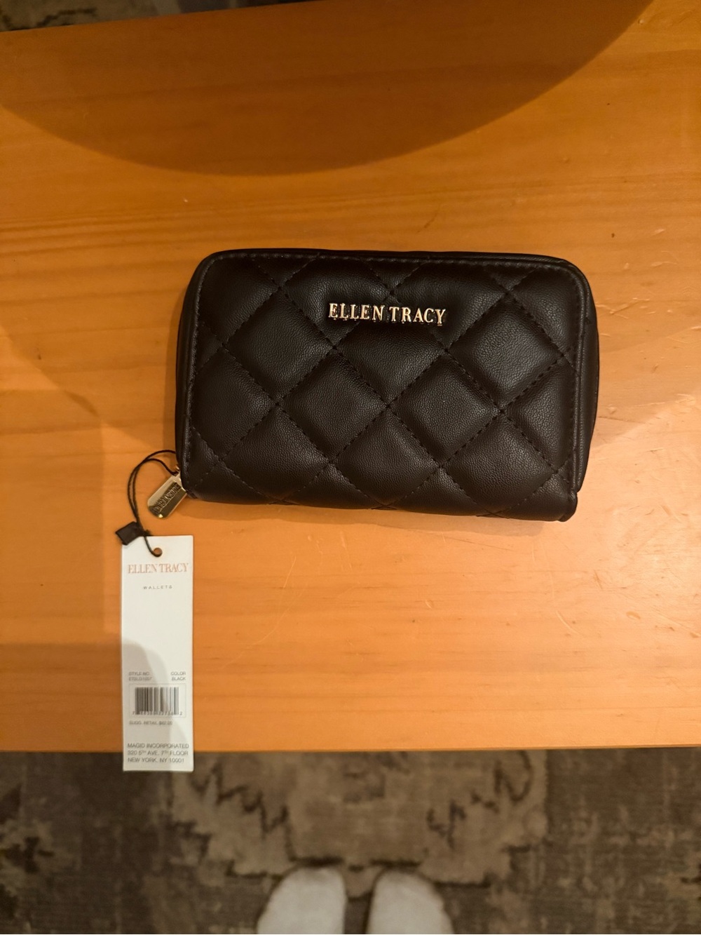 Ellen Tracy Black Quilted Zip-Around Card Wallet with Gold Logo